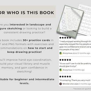 May include: A digital workbook titled 30 Days of Sketching featuring landscape and figure drawing exercises. The image displays text about practice cards in PDF and PNG formats, alongside three five-star customer reviews from Gumroad.