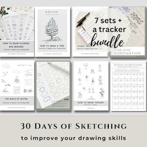 Pacchetto di 30 giorni per esercitarsi a disegnare, con quaderni e schede stampabili, esercizi di disegno per principianti.