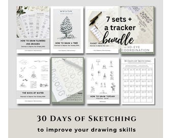 30-Day Sketching Practice Bundle, Printable Practice Books and Cards, Beginner Drawing Exercises