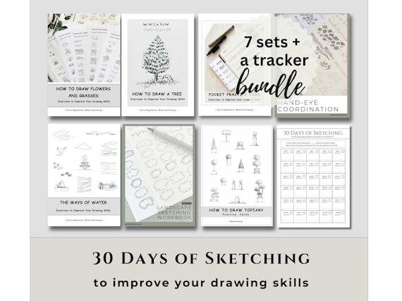 30-Day Sketching Practice Bundle, Printable Practice Books and Cards, Beginner Drawing Exercises