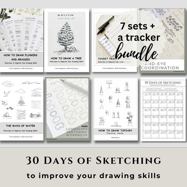 Pacchetto di 30 giorni per esercitarsi a disegnare, con quaderni e schede stampabili, esercizi di disegno per principianti.