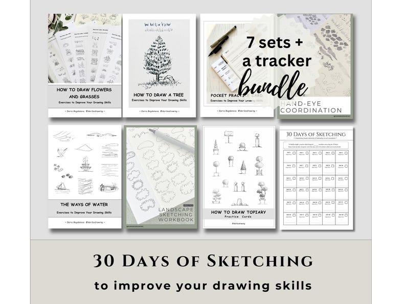 30-Day Sketching Practice Bundle, Printable Practice Books and Cards, Beginner Drawing Exercises image 1