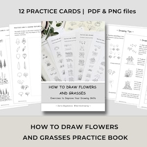 Wie zeichnet man Blumen und Gräser, printable PDF Übungsbuch & Karten, Anfänger bis Fortgeschrittene, Sofort Download