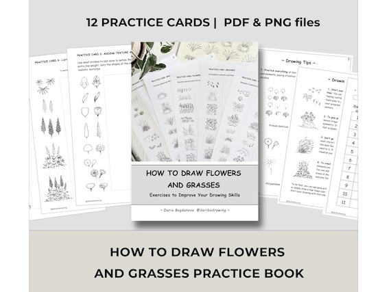 How To Draw Flowers and Grasses, Printable PDF Practice book & Cards, Beginner to Intermediate, Instant Download