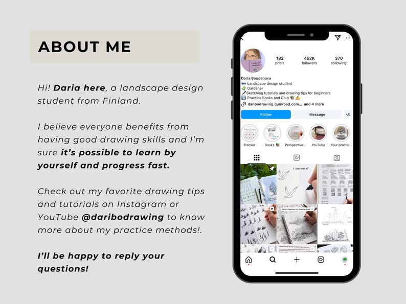 May include: A smartphone displaying an Instagram profile for Daria Bogdenova, a landscape design student. The screen shows a profile picture, follower count, bio text, and a grid of posts featuring drawing tutorials and sketches.