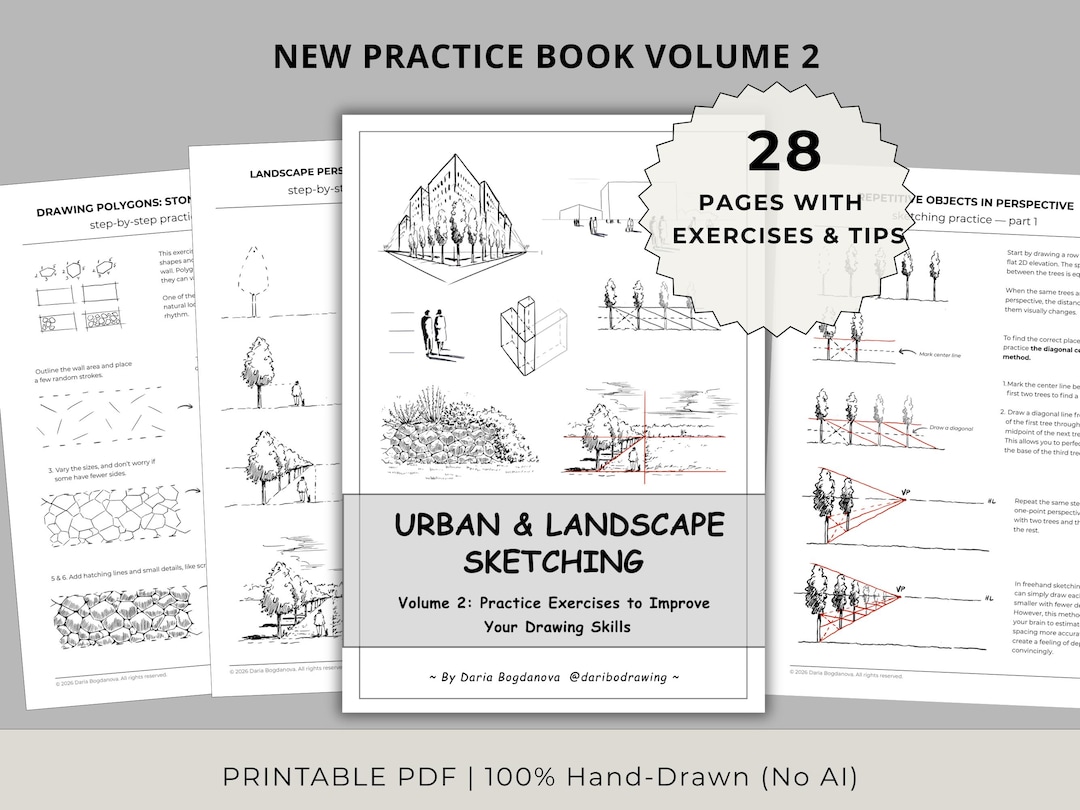 Urban & Landscape Sketching Practice Book, Printable PDF Workbook, Beginner to Intermediat