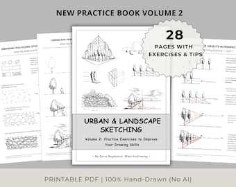 Urban & Landscape Sketching Practice Book, Printable PDF Workbook, Beginner to Intermediate, Drawing Exercises