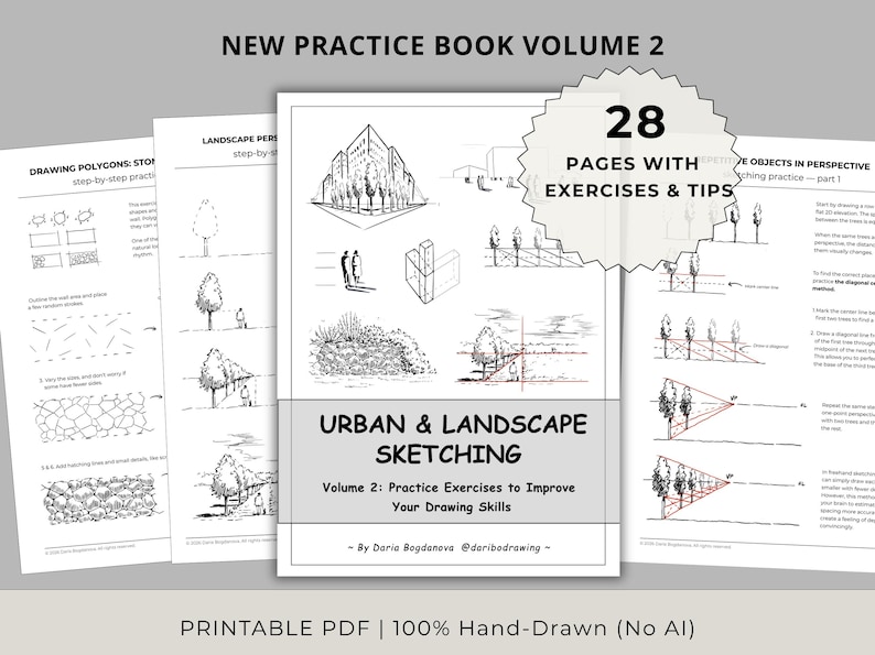 Urban & Landscape Sketching Practice Book, Printable PDF Workbook, Beginner to Intermediate, Drawing Exercises image 1