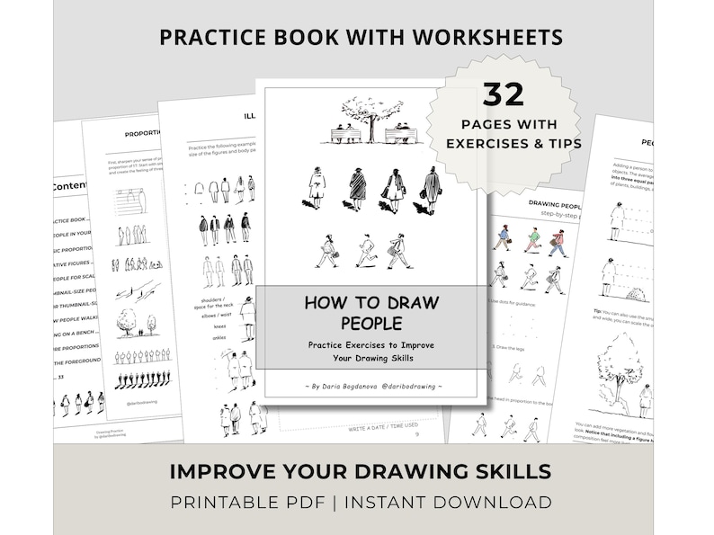 人物の描き方｜人物スケッチ練習帳、印刷可能なPDFワークブック、初級から中級者向け、描画練習 画像 1