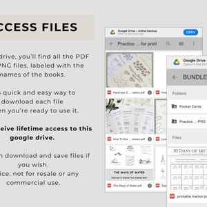 May include: A digital interface showing Google Drive folders and files labeled with book names, including PDF and PNG formats. Text on the left reads ACCESS FILES, explaining that users receive lifetime access to download files for personal use.