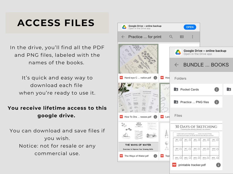 May include: A digital interface showing Google Drive folders and files labeled with book names, including PDF and PNG formats. Text on the left reads ACCESS FILES, explaining that users receive lifetime access to download files for personal use.