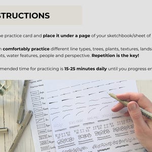May include: A white practice card with black ink illustrations of various line types, textures, and shapes. The text INSTRUCTIONS, Print the practice card and place it under a page of your sketchbook/sheet of paper, and Repetition is the key are visible.
