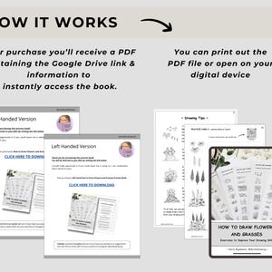 Op de afbeelding: Een digitale instructiegids getiteld How to Draw Flowers and Grasses, met aparte PDF-downloadlinks voor rechts- en linkshandigen, tekentips, oefenkaarten en een tablet waarop de voorpagina van het werkboek wordt weergegeven.