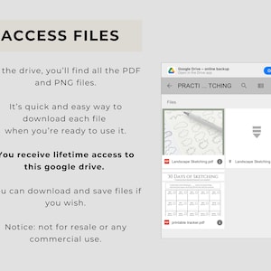 May include: A digital interface showing a Google Drive folder titled PRACTI...TCHING containing PDF and ZIP files, including Landscape Sketching and a 30 Days of Sketching printable tracker. Text explains access to PDF and PNG files for download.