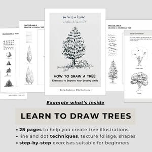 May include: A 28-page instructional guide titled How to Draw a Tree, featuring black and white illustrations of various tree types, line techniques, and step-by-step exercises. The pages display foliage textures, conical tree sketches, and drawing tips.