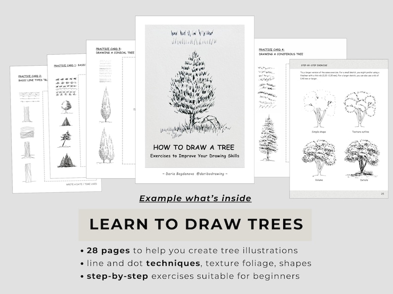 May include: A 28-page instructional guide titled How to Draw a Tree, featuring black and white illustrations of various tree types, line techniques, and step-by-step exercises. The pages display foliage textures, conical tree sketches, and drawing tips.