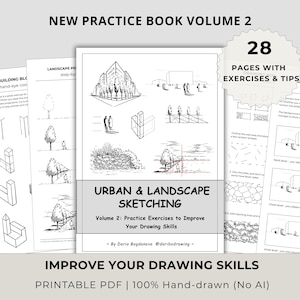 Puede incluir: Un libro de ejercicios en PDF imprimible titulado Urban & Landscape Sketching Volume 2, que contiene 28 páginas de ejercicios y consejos dibujados a mano para dibujar edificios, árboles y personas. La portada muestra bocetos y texto.
