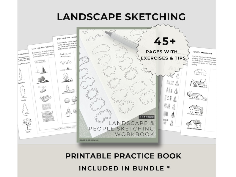 Printable Landscape and People Sketching Book | Beginner Drawing Practice PDF image 1