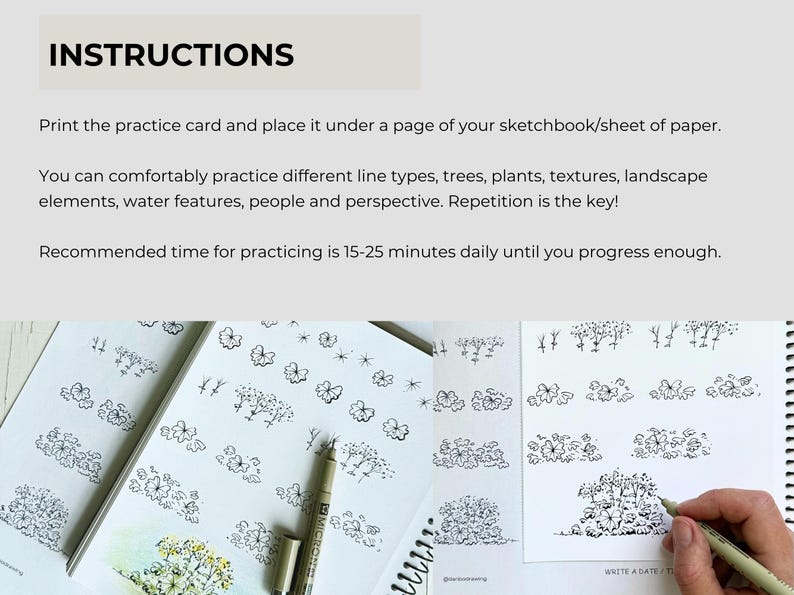 Op de afbeelding: Een tekenoefenkaart met zwarte inkttekeningen van diverse planttexturen, bomen en gebladerte. De kaart bevat instructies voor het printen en overtrekken, met een fineliner pen zichtbaar op de pagina voor schaal en artistieke referentie.