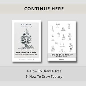 May include: Two white instructional cards with black ink illustrations. The left card features a tree drawing with the text "HOW TO DRAW A TREE Exercises to Improve Your Drawing Skills". The right card displays various topiary shapes and the text "HOW TO DRAW TOPIARY Practice Cards".