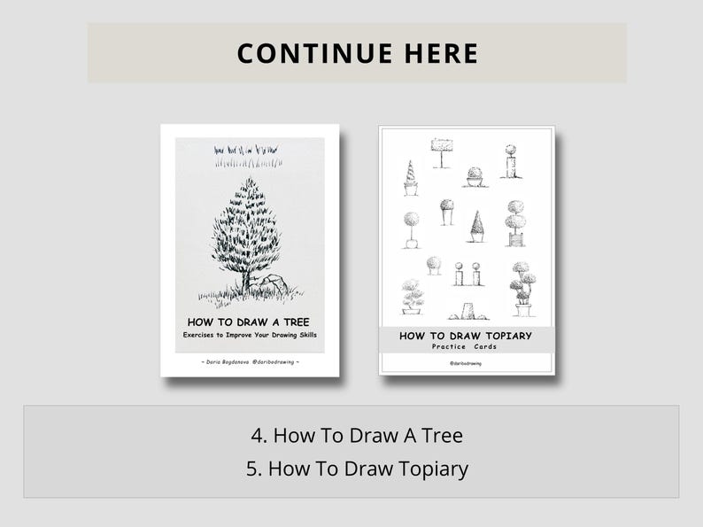 May include: Two white instructional cards with black ink illustrations. The left card features a tree drawing with the text "HOW TO DRAW A TREE Exercises to Improve Your Drawing Skills". The right card displays various topiary shapes and the text "HOW TO DRAW TOPIARY Practice Cards".