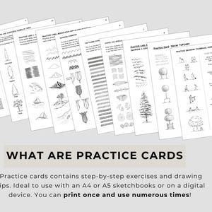 May include: A series of white paper practice cards featuring black ink line drawings and instructional text for sketching techniques. The cards include exercises for drawing trees, mountains, symmetry, curves, spirals, topiary, and human figures.