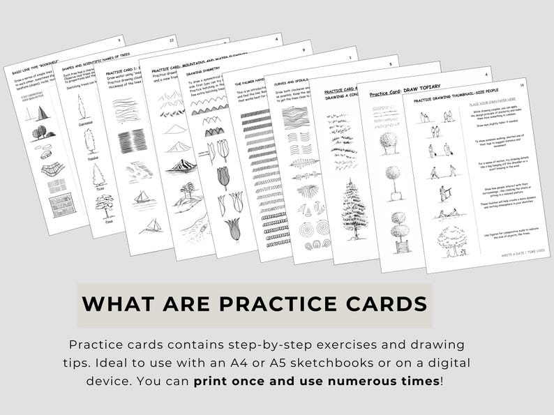 May include: A series of white paper practice cards featuring black ink line drawings and instructional text for sketching techniques. The cards include exercises for drawing trees, mountains, symmetry, curves, spirals, topiary, and human figures.