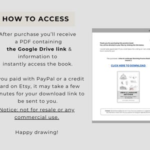 May include: A digital instruction sheet titled HOW TO ACCESS with text explaining the download process for a PDF via Google Drive. It includes a preview of a document titled Urban & Landscape Sketching Practice Book Volume 2 with a download link.