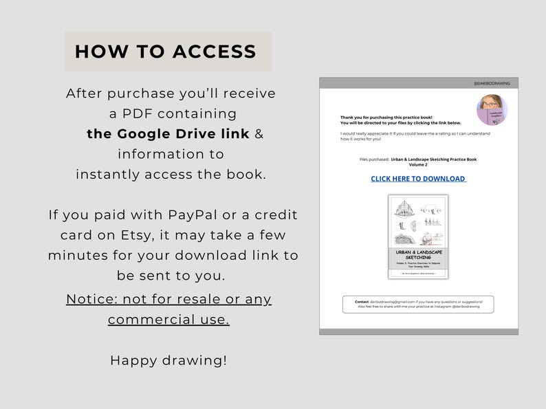 May include: A digital instruction sheet titled HOW TO ACCESS with text explaining the download process for a PDF via Google Drive. It includes a preview of a document titled Urban & Landscape Sketching Practice Book Volume 2 with a download link.