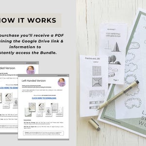 May include: A digital landscape sketching workbook bundle featuring instructional PDF pages for right and left-handed users. The documents include text titled HOW IT WORKS, Right Handed Version, and Left Handed Version, alongside practice cards with line drawings and a fine-liner pen.