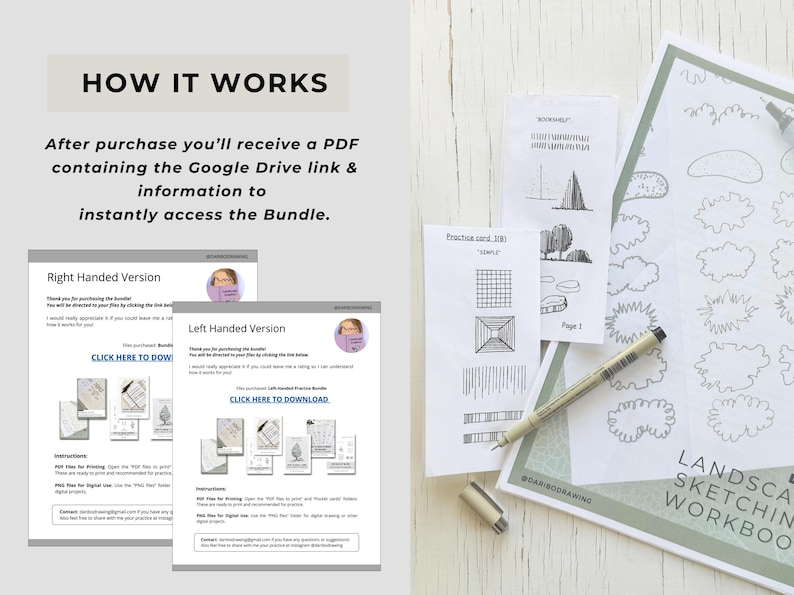 May include: A digital landscape sketching workbook bundle featuring instructional PDF pages for right and left-handed users. The documents include text titled HOW IT WORKS, Right Handed Version, and Left Handed Version, alongside practice cards with line drawings and a fine-liner pen.
