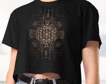 Top corto da donna in cotone con stampa Fiore della Vita e Geometria Sacra: XS-XL, Nero, Bianco, Avorio, Rosa pallido, Naturale