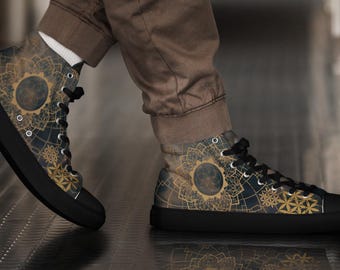 Flower of Life herensneaker ~ Hoge canvas schoenen met print ~ Heilige geometrische sneakers ~ Hippieschoenen ~ Goa Psy Trance-kleding ~ Mandala-yogaschoenen
