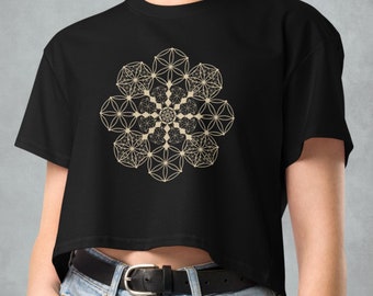 Frauen Crop Top ~Seed of Life Print~Yoga Crop Top Schwarz~Tribal Shirt~Goa Kleidung~Psy Trance~Geometrisch bedrucktes T-Shirt~Alternative Kleidung
