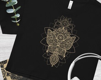 Frauen Crop Top~Schmetterling Muster~Yoga Crop Top~Tribal Shirt~Goa Kleidung~Psy Trance~ Heiliges geometrisches bedrucktes T-Shirt~Alternative Kleidung