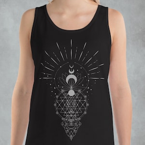 May include: Black tank top with a white geometric design featuring a lotus flower, moons, and a starburst. The design is centered on the front of the tank top.