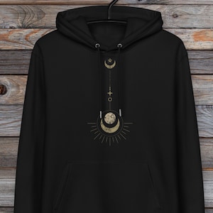 Woman Printed Hoodie Black~UNISEX~Moon printed Hoodie~Organic Cotton Hoodie~Boho Pullover~Goa Psy Trance Hoodie~Hippie,Alternative Clothes