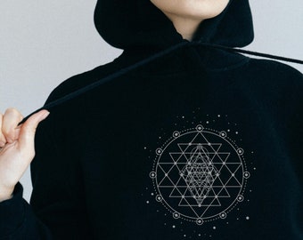 Sacred Geometric Sri Yantra Printed Hoodie~Woman Organic Cotton Hoodie~UNISEX~Boho Pullover~Goa Psy Trance Hoodie~Hippie,Alternative Clothes