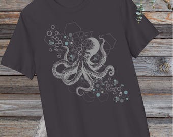 Octopus biologisch katoenen herenshirt bedrukt ~ UNISEX ~ heilige geometrische top ~ Goa Psy Trance-shirt ~ yogatop ~ shirt Octopus Ocean ~ alternatieve kleding
