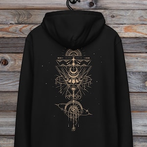 Cosmic Moon Phase Sacred Geometric Organic Cotton Hoodie Black~Yoga Hoodie~UNISEX~Boho Pullover~Goa Psy Trance Hoodie~Hippie Mandala Hoodie