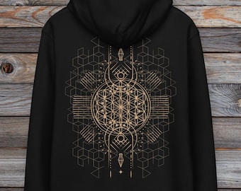 Flower of Life Sacred Geometric Organic Cotton Hoodie Black~Yoga Hoodie~UNISEX~Boho Pullover~Goa Psy Trance Hoodie~Hippie,Alternative Shirt