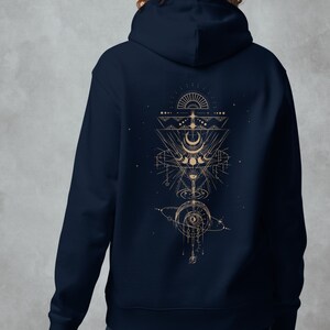 Cosmic Moon Phase Sacred Geometric Organic Cotton Hoodie Blue~Yoga Hoodie~UNISEX~Boho Pullover~Goa Psy Trance Hoodie~Hippie Mandala Hoodie