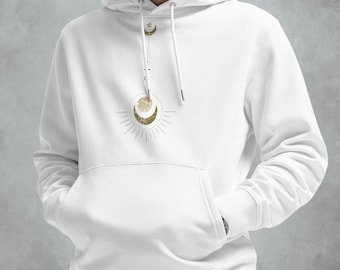 Men Printed Hoodie White~UNISEX~Moon printed Hoodie~Organic Cotton Hoodie~Men Boho Pullover~Goa Psy Trance Hoodie~Hippie,Alternative Clothes
