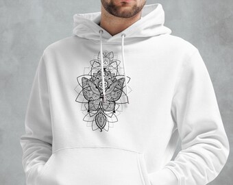 Men Printed Organic Cotton Hoodie~UNISEX~Sacred Geometric Butterfly Hoodie~Boho Pullover~Goa Psy Trance Hoodie~Hippie,Alternative Clothes
