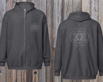 Sudadera con capucha y cremallera con estampado geométrico Merkaba: Chaqueta con cremallera, tallas S-5XL, gris, negro, blanco, azul marino, unisex.