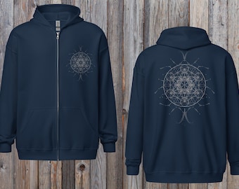 Sudadera con capucha y cremallera con estampado geométrico Merkaba: Chaqueta con cremallera, tallas S-5XL, azul marino, negro, blanco y gris, unisex.