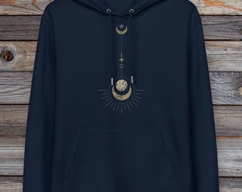 Men Printed Hoodie Navy~UNISEX~Moon printed Hoodie~Organic Cotton Hoodie~Men Boho Pullover~Goa Psy Trance Hoodie~Hippie,Alternative Clothes