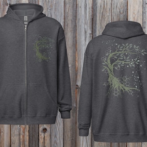 May include: Charcoal gray zip-up hoodie with a tree design on the front and back. The tree graphic is in shades of green and white, with a network of hexagonal shapes. The hoodie has a hood and front pockets.