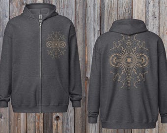 Mystical Third Eye golden printed zip hoodie: Zip up jacket, S-5XL, navy, black, white, grey, Unisex, Sacred Geometry Clothing