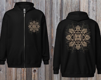 Mystical Sri Yantra Cotton Zip Hoodie, Unisex Sacred Geometry Hoodie, Ecstatic Dance Wear, Yoga Jacket, Spiritual Festival Hoodie